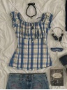 IdaSurya Women's Plaid Pleated Casual V-Neck Tie Front Crop Blouse Blue