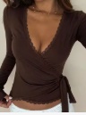 DAZY Spring/Summer Women's Cinched Wrap V-Neck Long Sleeve Top Brown