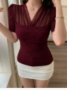 Feyla New Design Patchwork Sheer Mesh Striped Short Sleeve Top Burgundy
