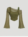 FAST IT MOD Olive Cold Shoulder Mesh Ruched Long Sleeve Top