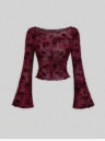 Sweetra Halloween Women's Bell Sleeve Floral Sheer Mesh Top Burgundy