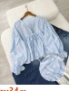Casual Light Blue Tie-Front Ruffle Short Sleeve Peplum Blouse