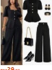 2pcs Elegant Short Sleeve Button Vest & Wide Leg Trousers Set Black
